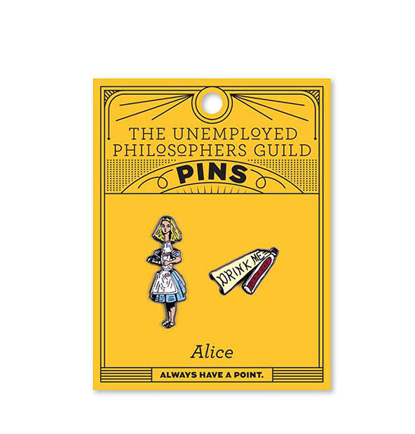 Enamel Alice in Wonderland pins by The Unemployed Philosophers Guild on yellow product card
