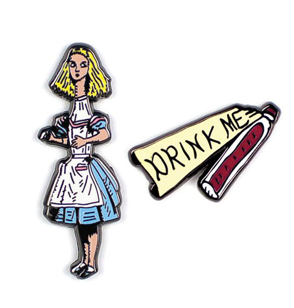 Closeup of Alice and Drink Me enamel pins