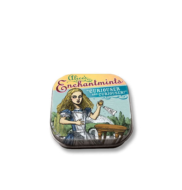 A rounded square tin of Alice's Enchantmints: Curiouser and Curiouser! with illustration of the children's book character