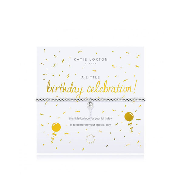 Silver toned Birthday Celebration balloon charm bracelet on white card with gold design accents