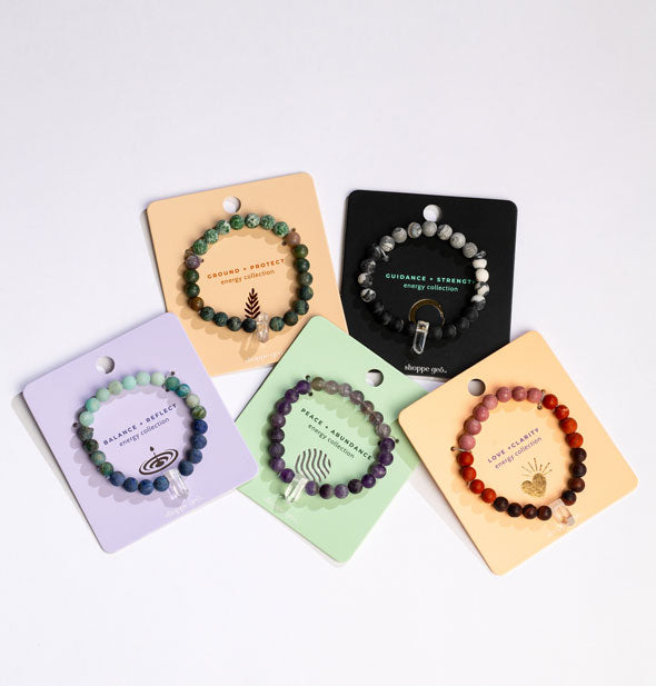 All five beaded bracelets from the Energy Collection