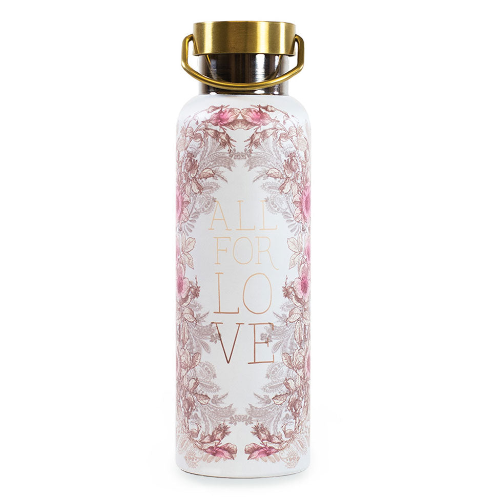 White thermos bottle with pink floral designs and gold cap says, "All for Love" in thin gold lettering in the center