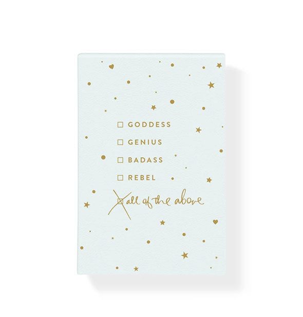 Notebook with Goddess, Genius, Badass, Rebel, and All of the Above checklist and metallic gold details