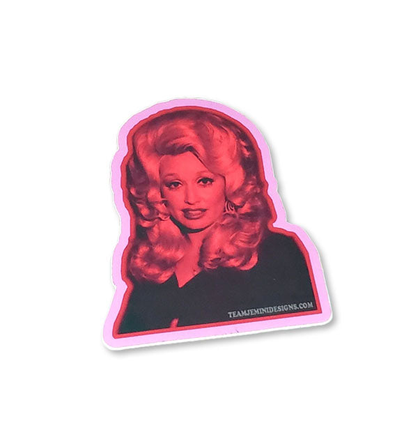 Sticker features cut-out monochromatic pink portrait of Dolly Parton with purple and pink outline