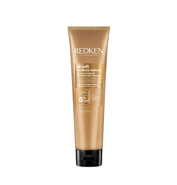 Bronze-colored 5 ounce bottle of Redken All Soft Moisture Restore Leave-In Treatment with black cap