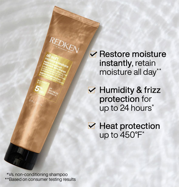 A bottle of Redken All Soft Moisture Restore Leave-In Treatment is labeled with its key benefits: Restore moisture instantly, retain moisture all day; Humidity & frizz protection for up to 24 hours; Heat protection up to 450°F
