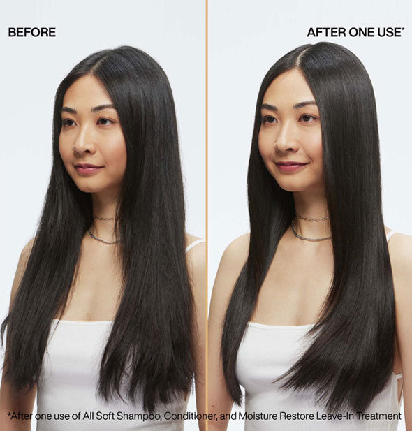 Side-by-side-comparison of model's hair before and after one use of Redken All Soft Shampoo, Conditioner, and Moisture Restore Leave-In Treatment