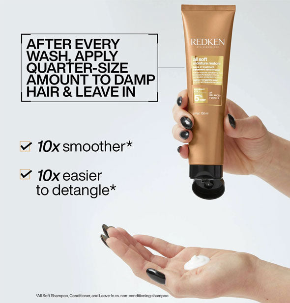 Model dispenses Redken All Soft Moisture Restore Leave-In Treatment from bottle into hand alongside the caption, "After every wash, apply a quarter-size amount to damp hair & leave in" for hair that is 10x smoother and 10x easier to detangle