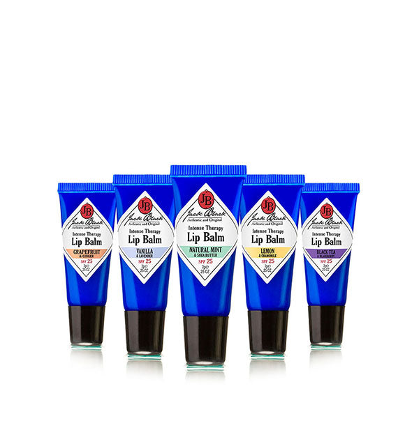 Five tubes of Jack Black Intense Therapy Lip Balm in assorted formulas