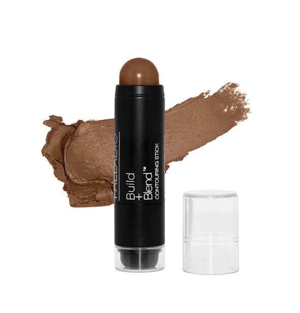 Palladio Build + Blend Contouring Stick with color swatch behind in the shade Amber Rose