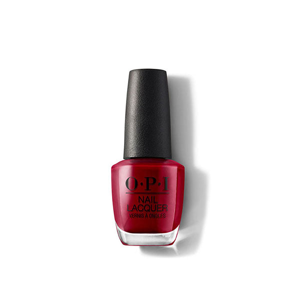 Bottle of OPI Nail Lacquer in a deep, rich red shade
