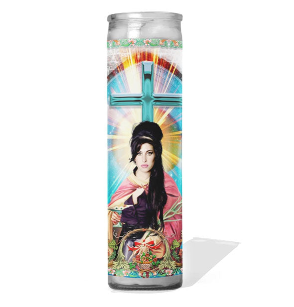 Prayer candle depicting singer-songwriter Amy Winehouse as a saint