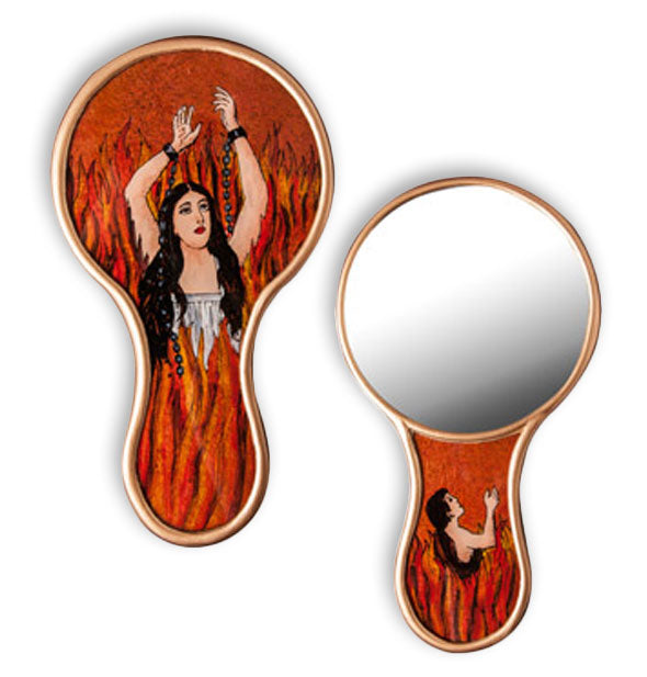 Front and back of a hand mirror featuring design of a woman with chains on her wrists consumed by flames