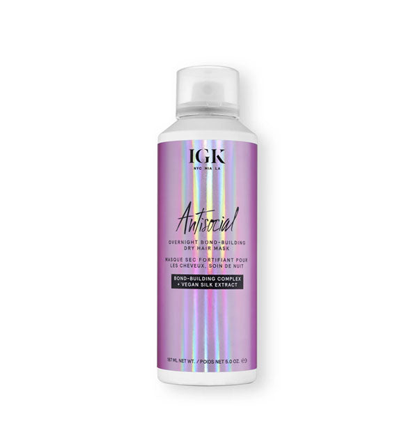 Iridescent purple 5 ounce can of IGK Antisocial Overnight Bond-Building Dry Hair Mask