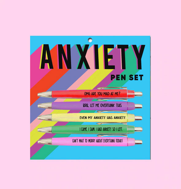 Set of five Anxiety pens in bright colors are printed with themed sayings