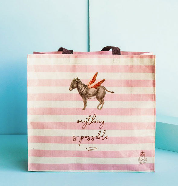 Pink and white striped tote bag with winged donkey illustration says, "Anything is possible" in handwritten script