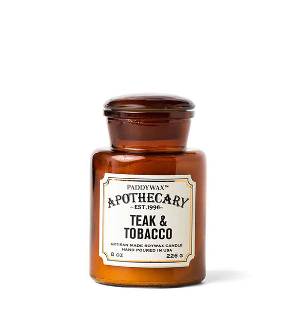 8 ounce amber glass jar Teak & Tobacco Paddywax candle