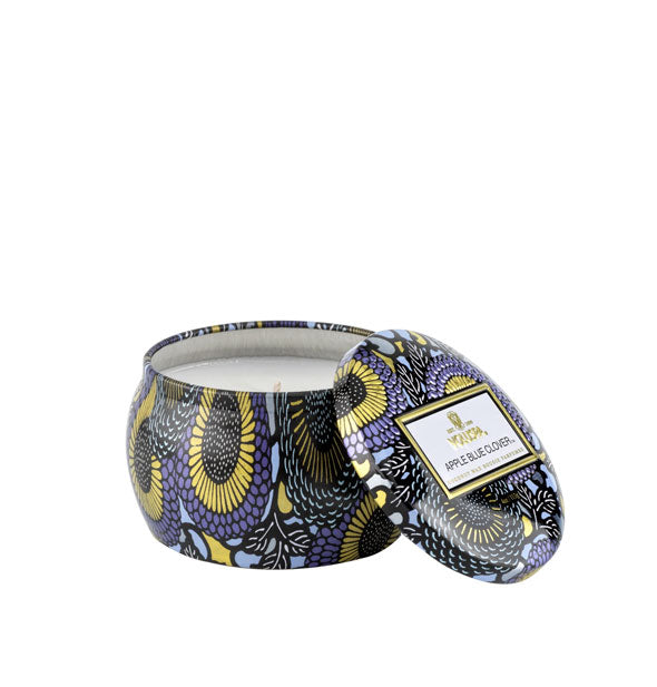 Decorative purple and gold candle tin with lid