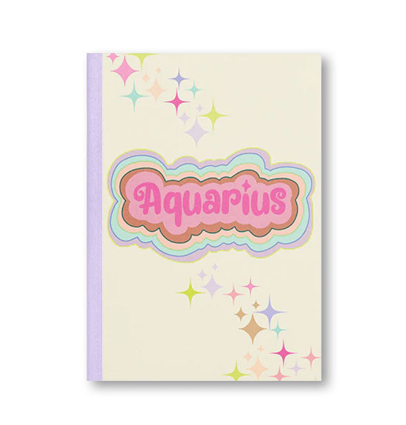 Notebook cover with lavender binding, colorful stars, and colorful radiant lettering that reads, "Aquarius"
