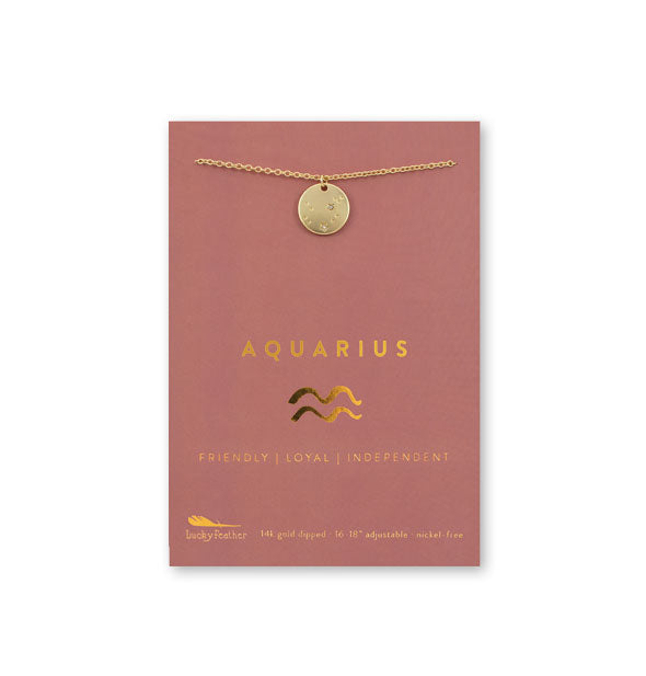 Gold Aquarius necklace on card with metallic gold print and symbol