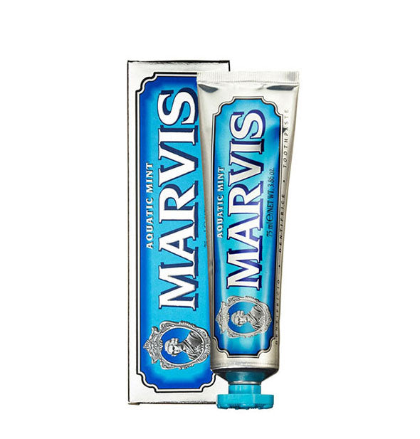 3.86 ounce tube of Marvis Aquatic Mint toothpaste with box packaging