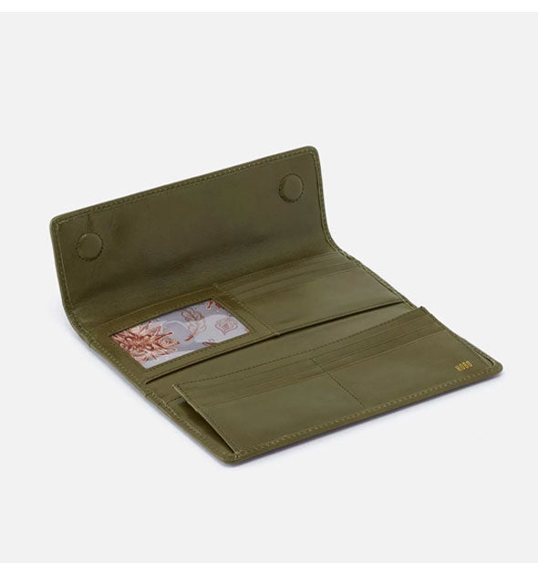 Olive green leather wallet shown open to reveal interior card slots