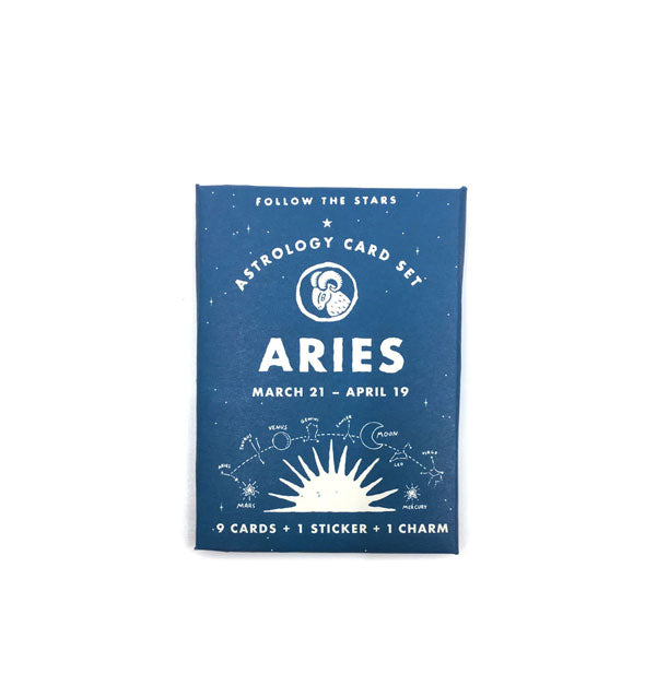 Blue and white pack of Follow the Stars Astrology Cards representing the zodiac sign Aries
