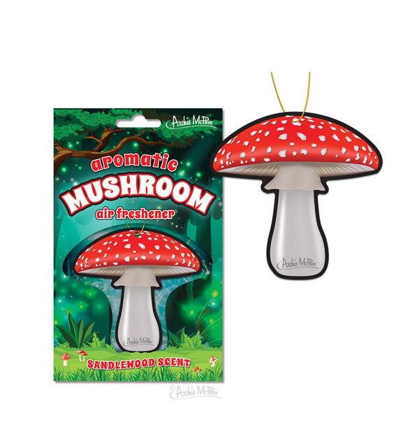 Aromatic Mushroom Air Freshener hangs from a string next to its packaging
