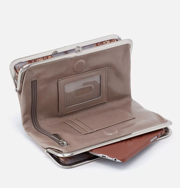 Leather wallet shown opened to reveal interior storage compartments