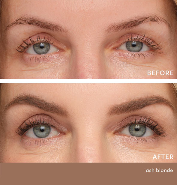 Model's eyebrows before and after applying Jane Iredale PureBrow Precision Pencil in Ash Blonde