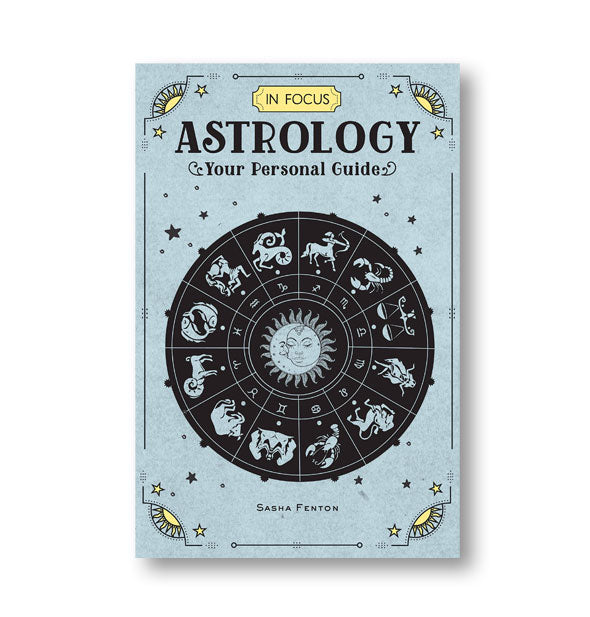Light blue cover of In Focus: Astrology by Sasha Fenton features monochromatic zodiac artwork
