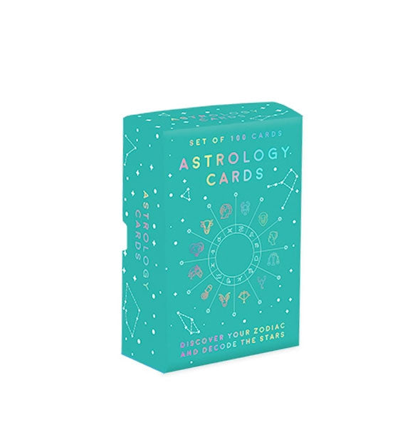 Teal box of Astrology Cards with multicolored zodiac design theme