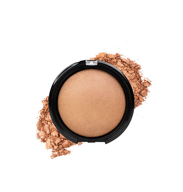 Bronzer compact with crushed product in a pinkish-golden shade