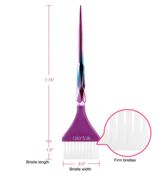 Diagram illustrates dimensions and firm bristle texture of the Aurora color brush by ColorTrak