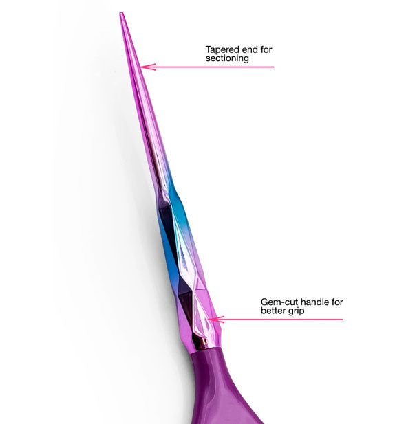 Diagram illustrates tapered, gem-cut handle of the Aurora color brush by ColorTrak