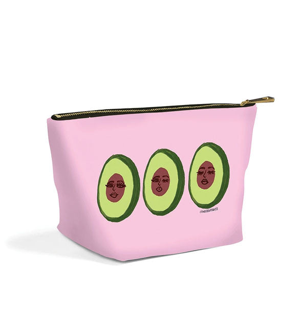 Pink gusseted pouch with top zipper and illustrations of three avocados with pits that are faces smiling, winking, and napping