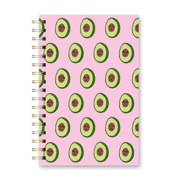 Pink journal cover with gold wire binding and avocado pattern in which the pits have faces