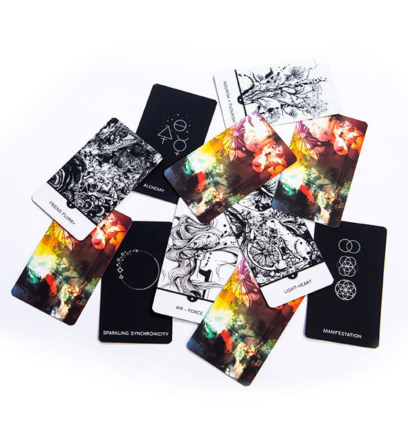 A smattering of cards with designs in both monochromatic and more colorful design schemes.