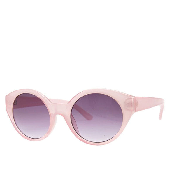 Round sunglasses with frosty baby pink frame and purple lens
