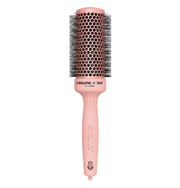 Pink Ceramic + Ion round barrel brush with large round vents, black bristles, and a build-in sectioning pick in the bottom of handle