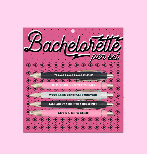 Set of five Bachelorette-themed pens, each printed with a humorous message