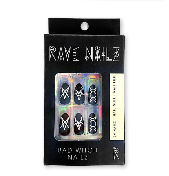 A pack of 24 Bad Witch press-on nails by Rave Nailz in matte black with white rune designs.