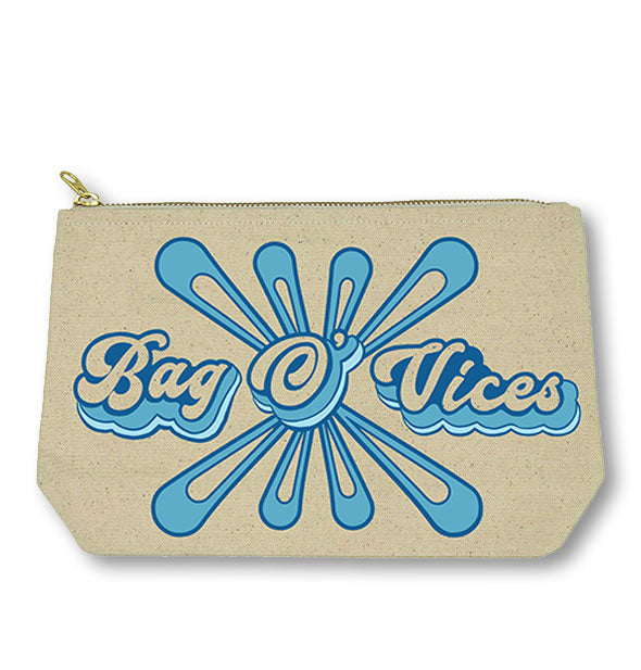 Canvas cosmetic zip pouch with blue retro "Bag O' Vices" print and graphic