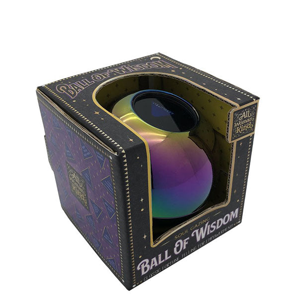An iridescent rainbow-colored sphere is packaged in a windowed box printed with the words, "Ball of Wisdom."
