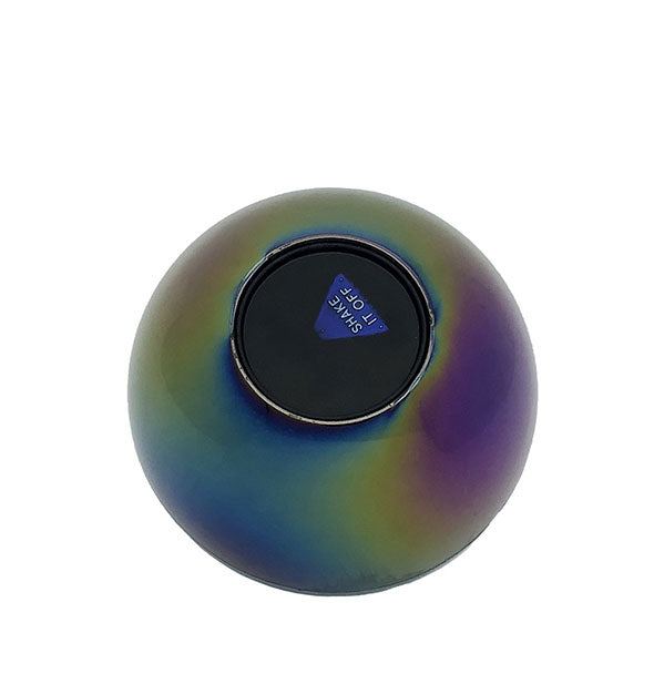 Iridescent rainbow ball with triangular center that says, "Shake it off."