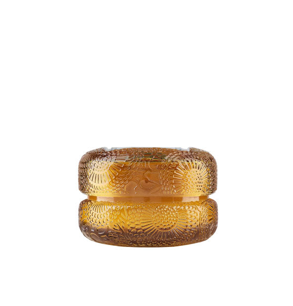 Golden embossed glass macaron-style candle jar with lid