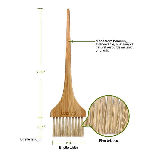 Diagram illustrates dimensions and firm bristle texture of a ColorTrak bamboo brush