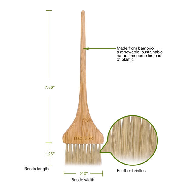 Diagram illustrates dimensions and feather bristle texture of a ColorTrak bamboo brush