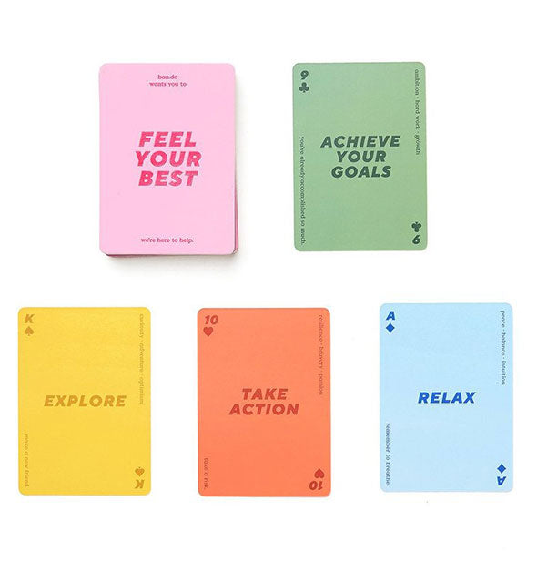 Pink, green, yellow, orange, and blue affirmation cards say Feel Your Best, Achieve Your Goals, Explore, Take Action, and Relax respectively