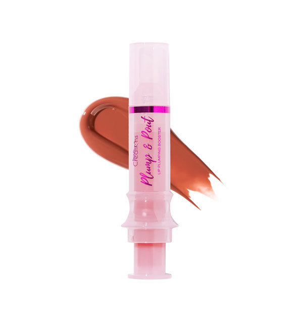 Tube of Plump & Pout Lip Plumping Booster with color swatch behind in the shade Bang Bang (Hazel Nut)